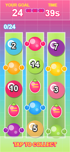 Caramel Carmel gameplay con corsia verde, numeri colorati e timer 39 secondi